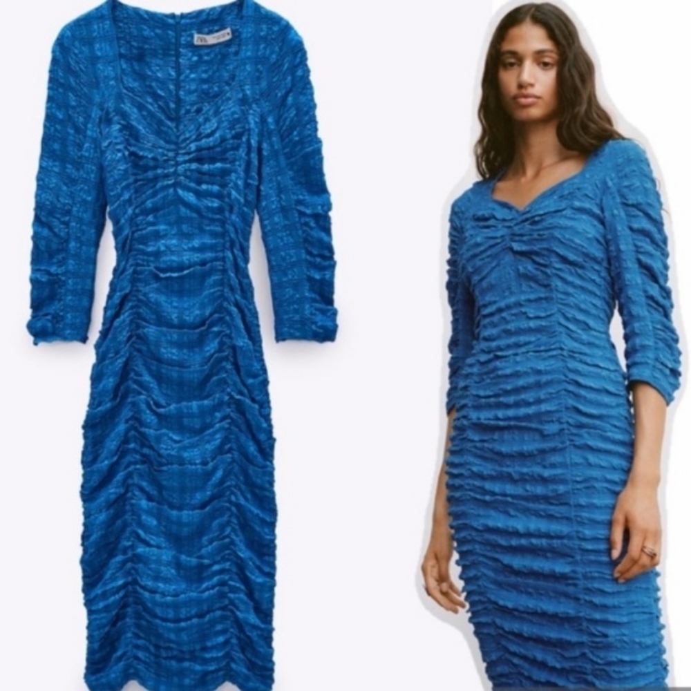 ZARA rushed blue maxi dress size large